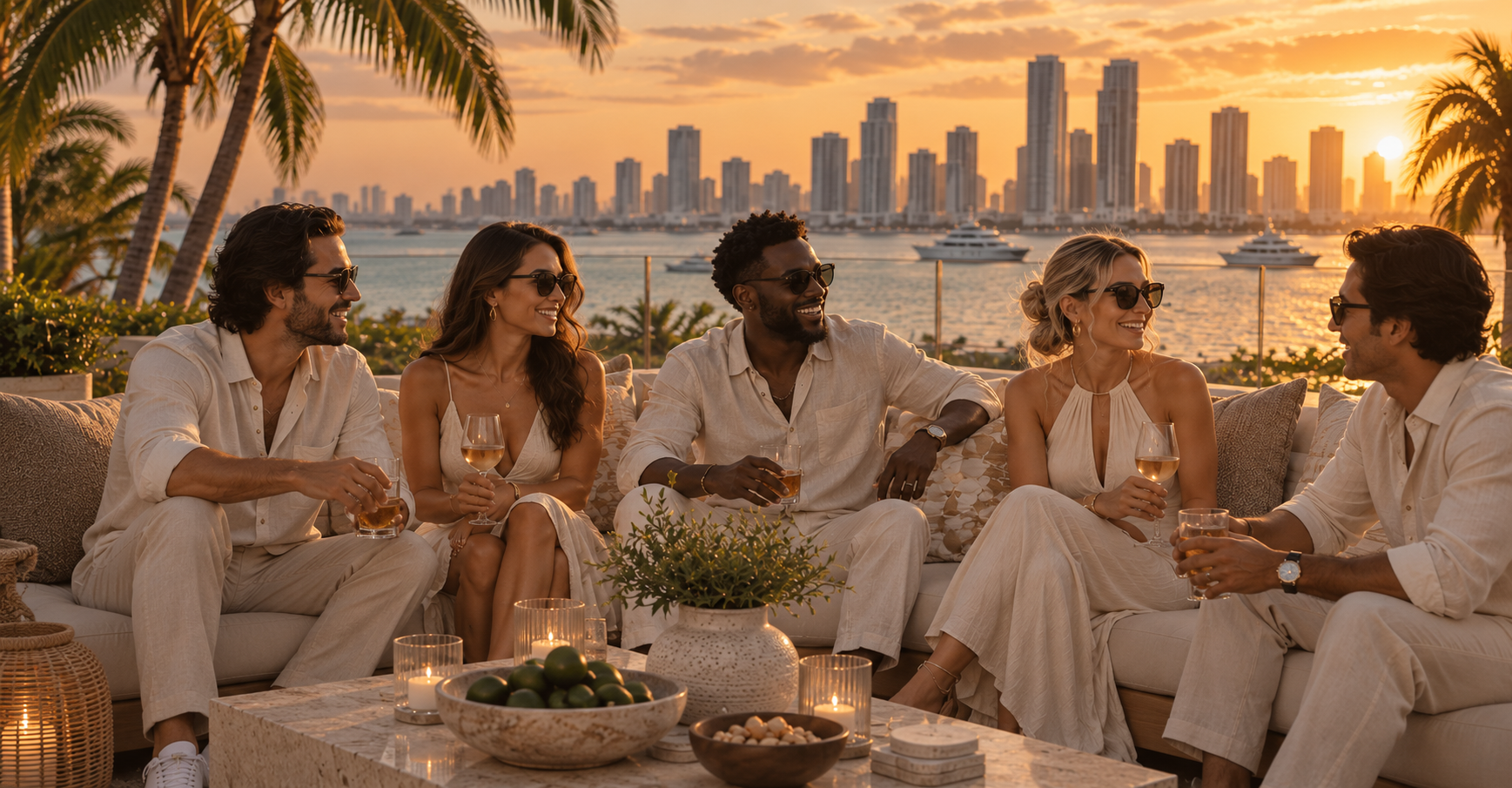 Friends gathered on a Miami rooftop at golden hour, skyline and water behind them